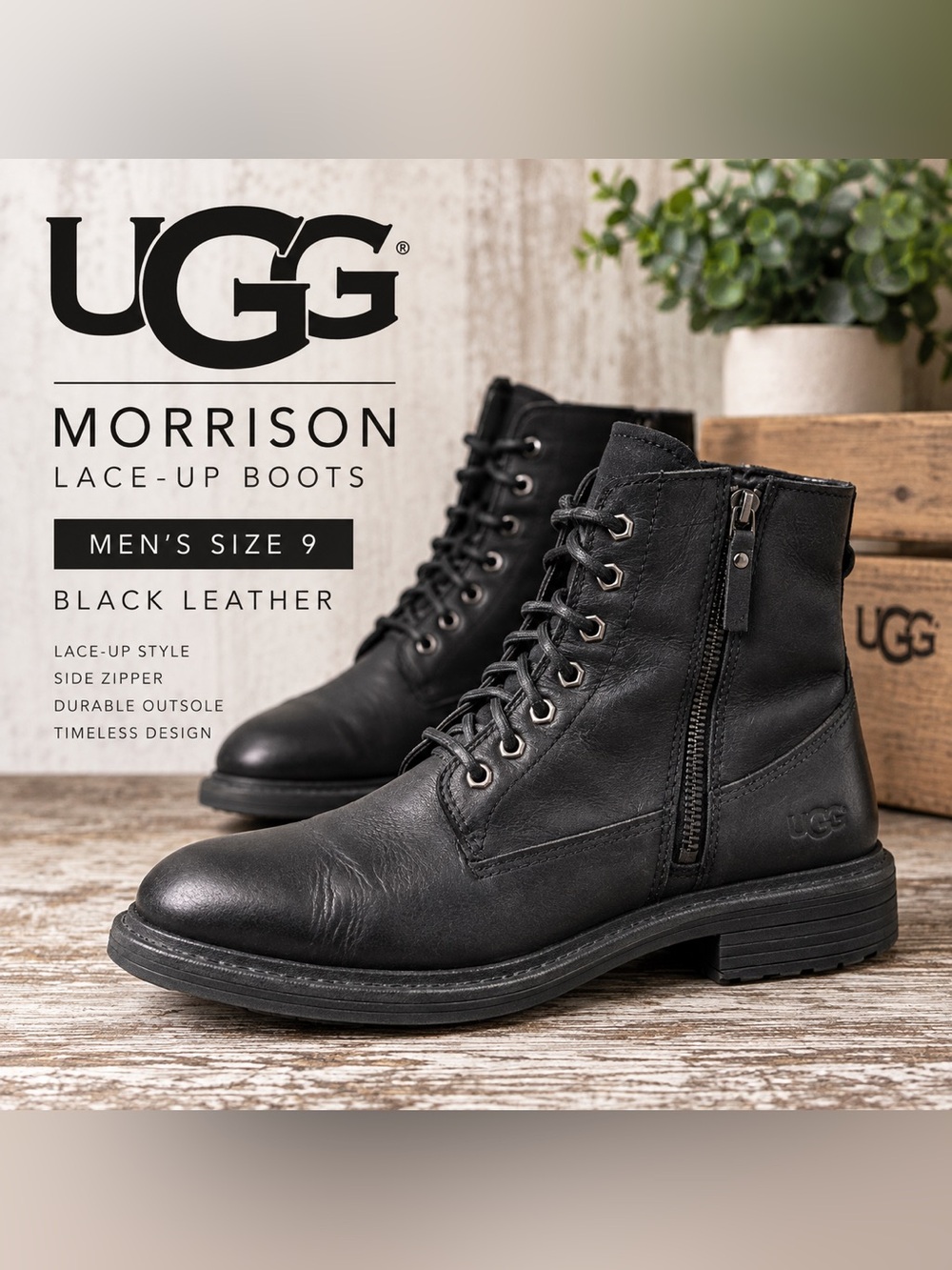UGG MORRISON LACE-UP BLACK BOOTS - MEN'S Sz 9